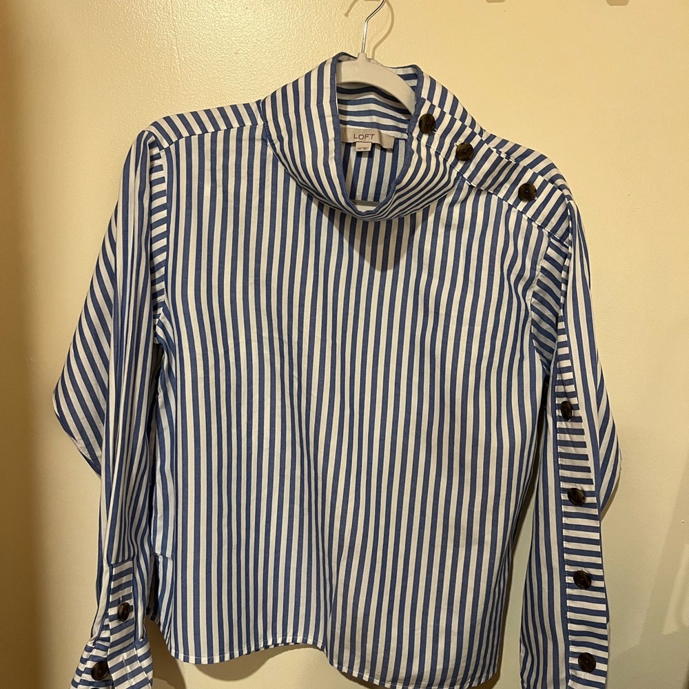 LOFT Navy and White Striped Button Down Shirt